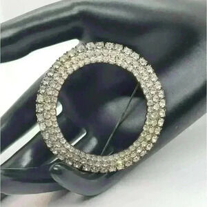 Vintage Brooch BIG Circle 3 Rows Clear Rhinestone Welded Back rhodium plated